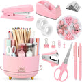SKYDUE Pink Desk Accessories 11Pcs with Rotating Pen Holder for Desk