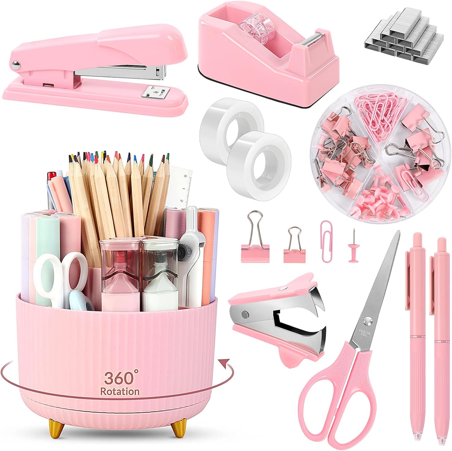 SKYDUE Pink Desk Accessories 11Pcs with Rotating Pen Holder for Desk