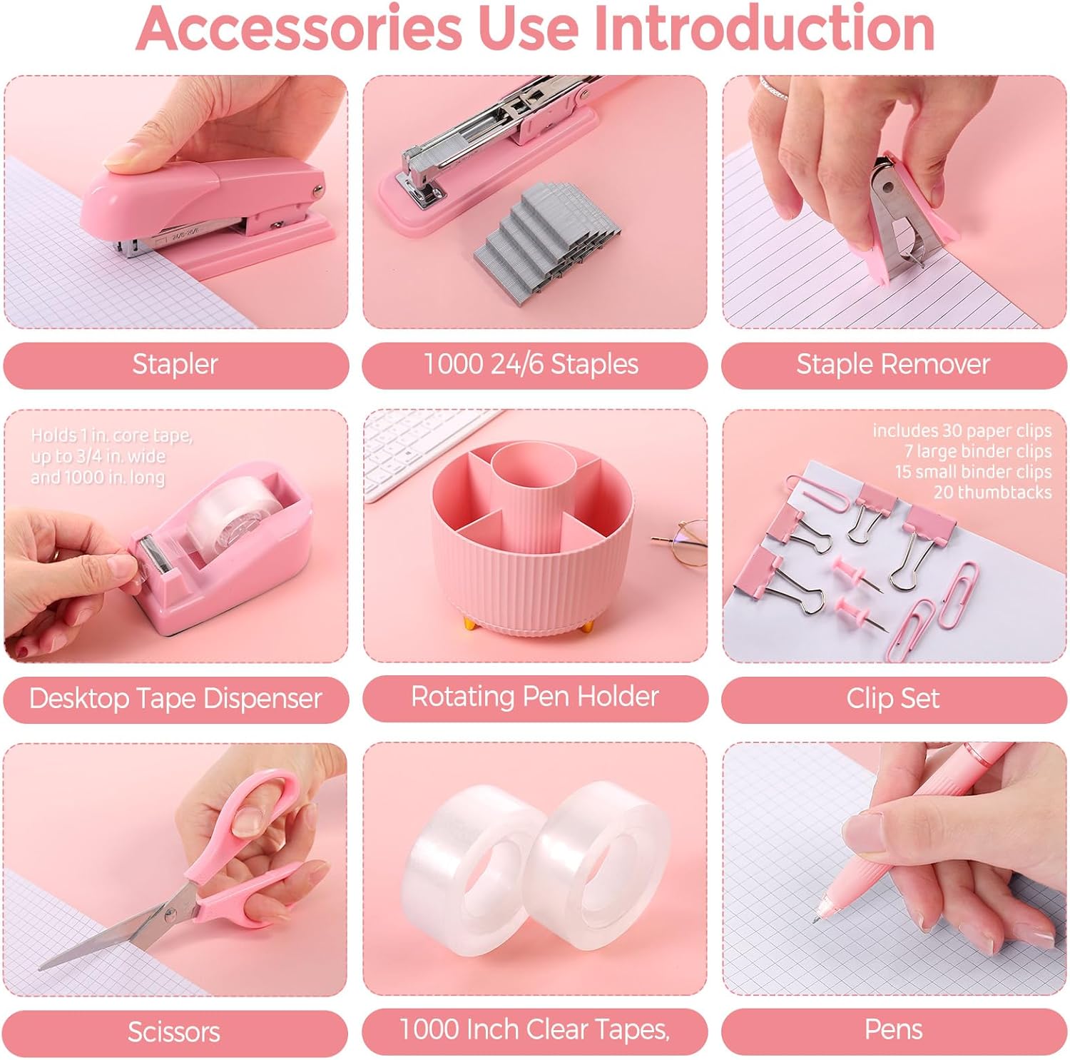 SKYDUE Pink Desk Accessories 11Pcs with Rotating Pen Holder for Desk