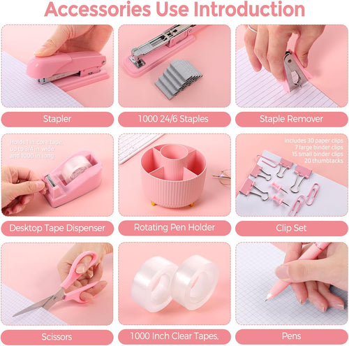 SKYDUE Pink Desk Accessories 11Pcs with Rotating Pen Holder for Desk